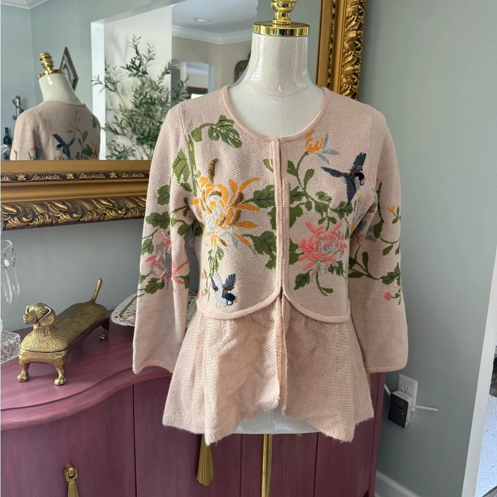 Anthropologie Embroidered Floral Bird Cardigan - Picture 2 of 5